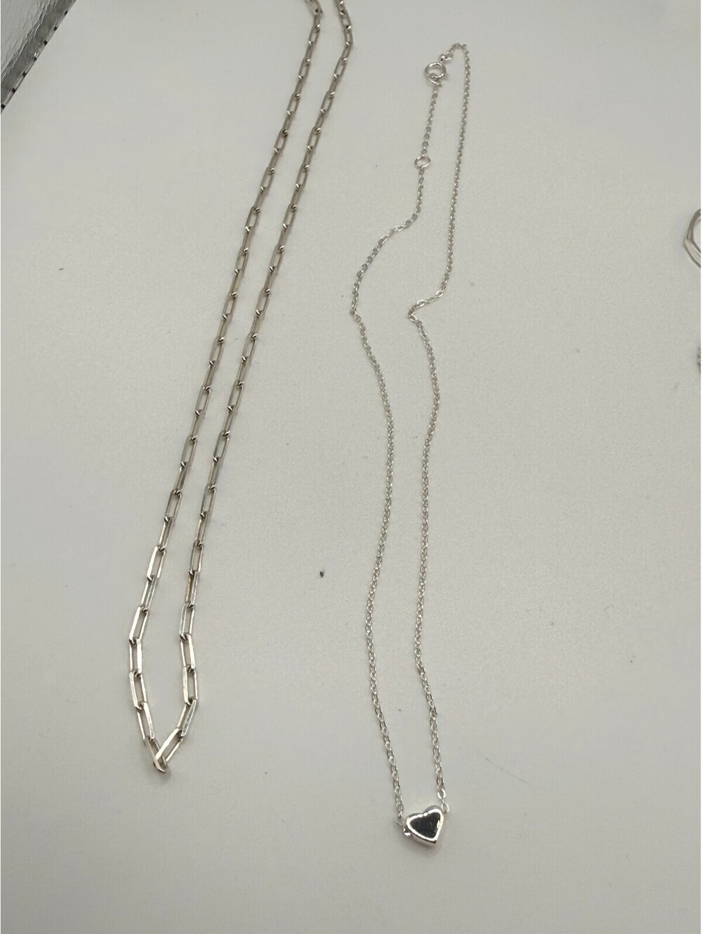 Set of Two Sterling Silver Necklaces with Heart Pendant and Paper Clip Chain